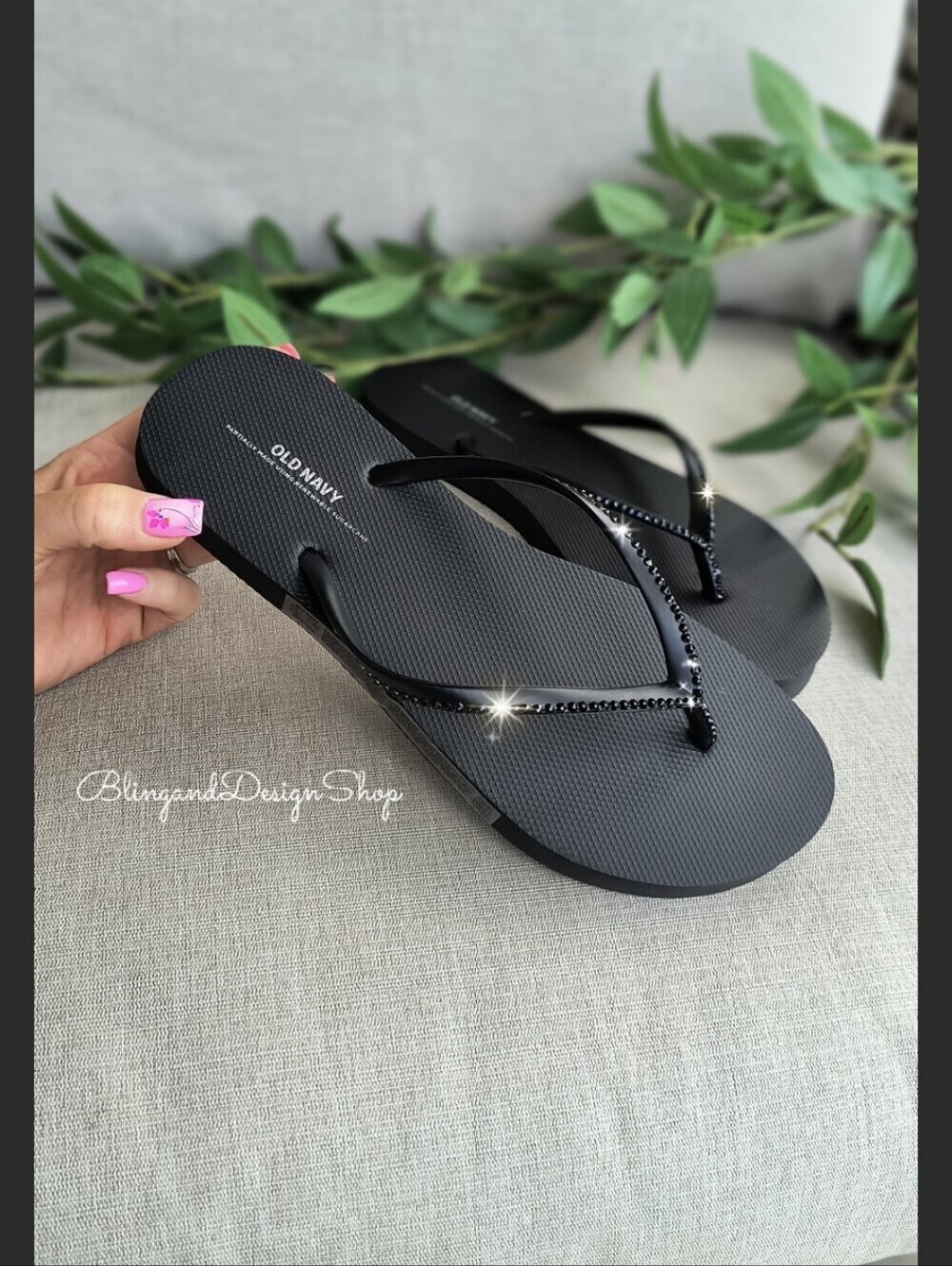 Swarovski Old Navy Black Flip Flop Sandals Customized With Black Crystals Womens